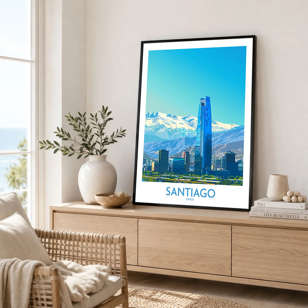 Santiago Wall Art Print - Chile in a black frame displayed on an oak sideboard in a bright coastal living room