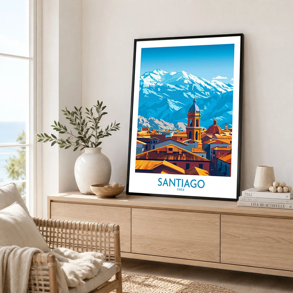 Santiago Wall Art Poster - Chile in a black frame displayed on an oak sideboard in a bright coastal living room