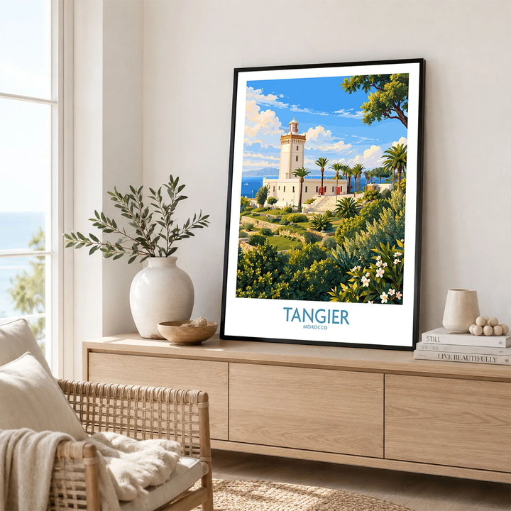 Tangier Morocco Lighthouse Gardens Wall Art — the Cap Spartel lighthouse above palm gardens and the blue strait, shown as framed artwork living room lifestyle setting
