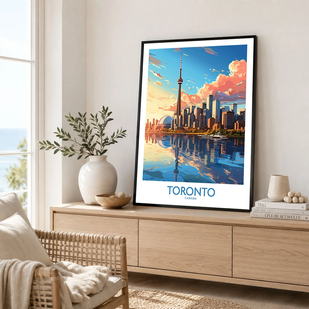 Toronto Wall Art Print in a black frame displayed on an oak sideboard in a bright coastal living room