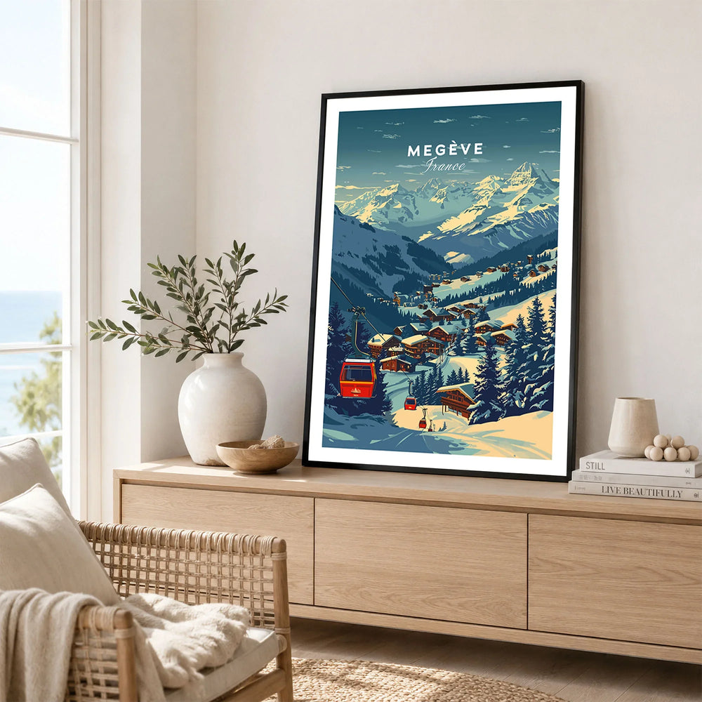 Megève Print France Ski Poster in a black frame displayed on an oak sideboard in a bright coastal living room