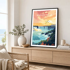Niagara Falls Print in a black frame displayed on an oak sideboard in a bright coastal living room