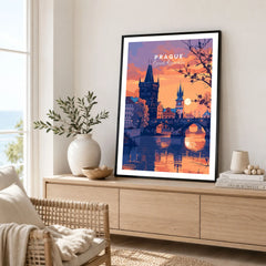 Prague Poster in a black frame displayed on an oak sideboard in a bright coastal living room