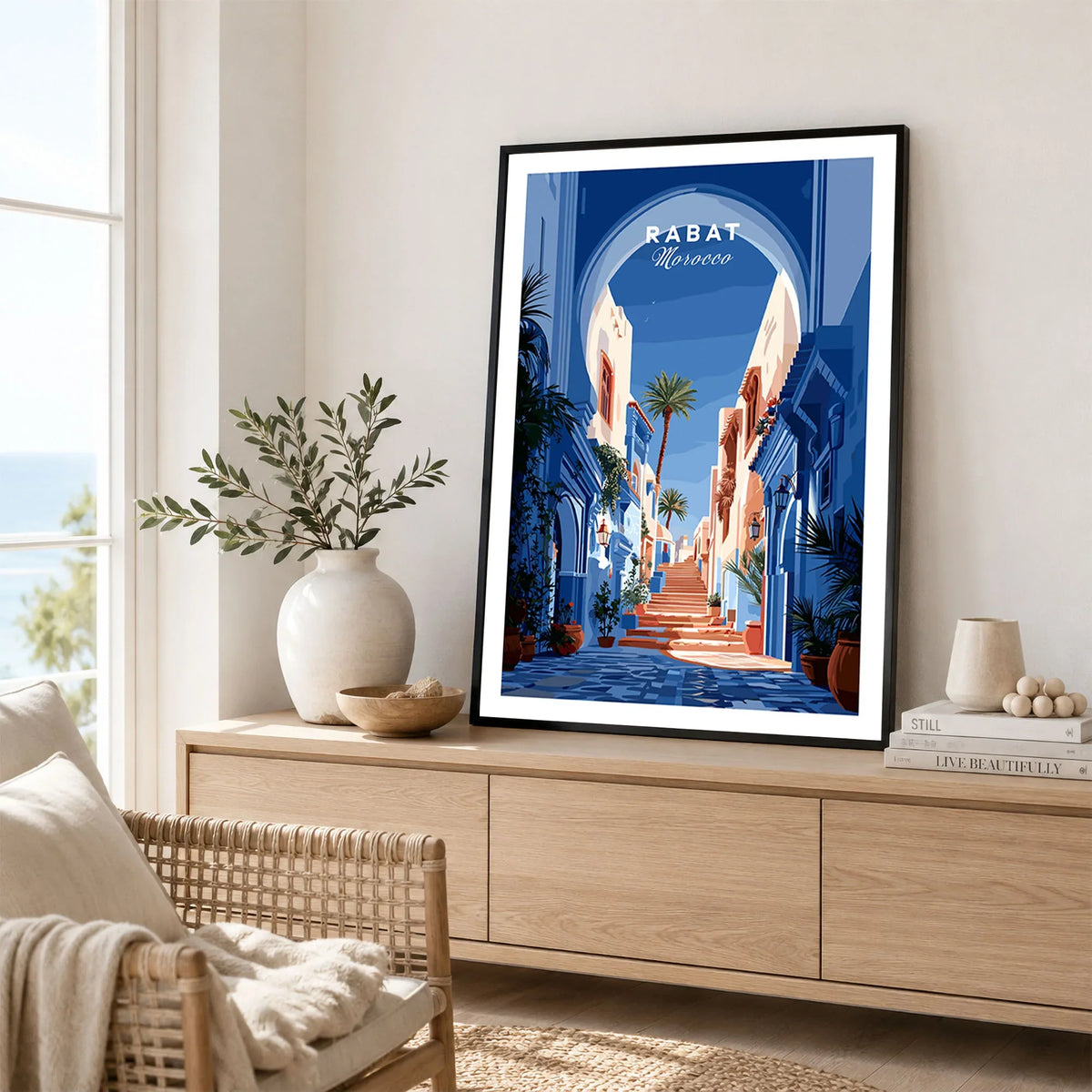 Rabat Morocco Blue Medina Travel Poster — a blue-washed medina lane and stone steps seen through a horseshoe arch, shown as framed artwork living room lifestyle setting