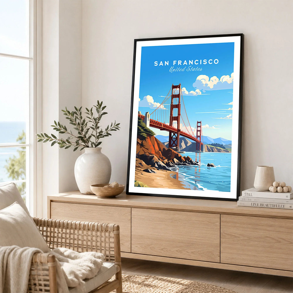 San Francisco Print in a black frame displayed on an oak sideboard in a bright coastal living room