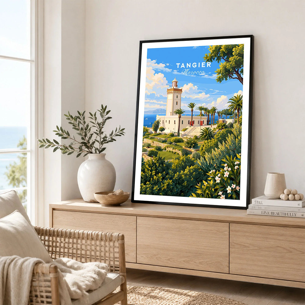 Tangier Morocco Cap Spartel Lighthouse Travel Poster — the Cap Spartel lighthouse above palm gardens and the blue strait, shown as framed artwork living room lifestyle setting