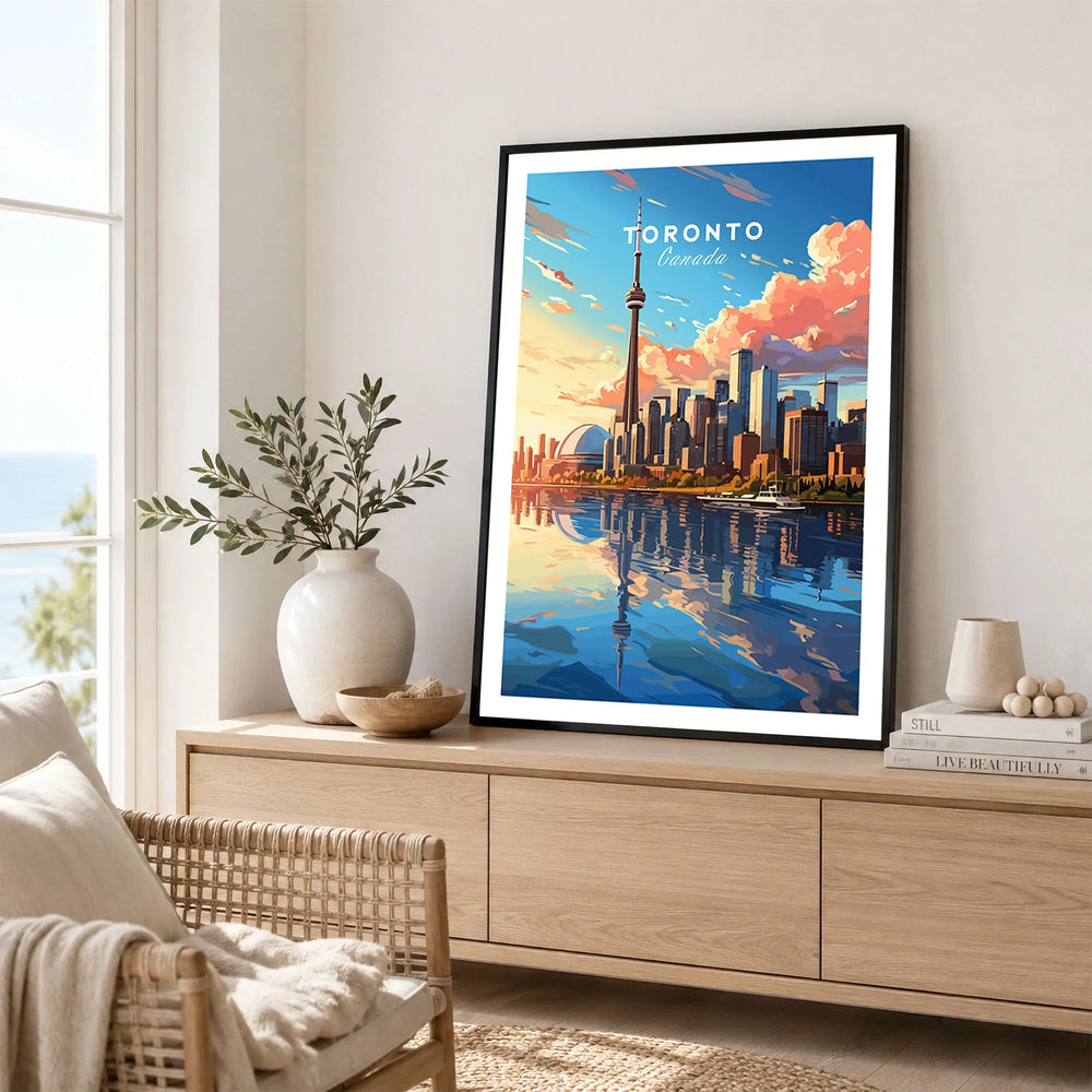 Toronto Poster in a black frame displayed on an oak sideboard in a bright coastal living room