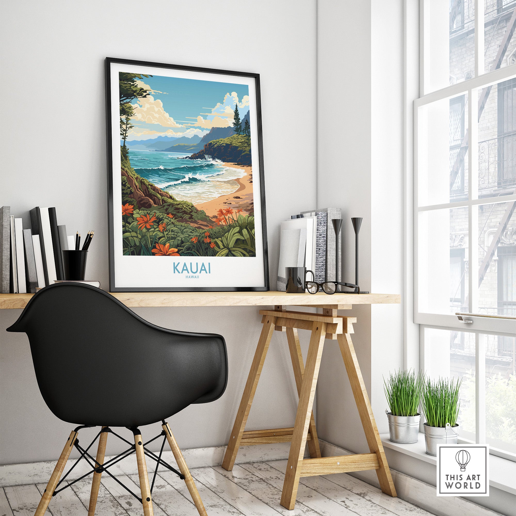 Kauai travel poster showcasing lush landscapes and beaches in a bright and inviting home office setting.