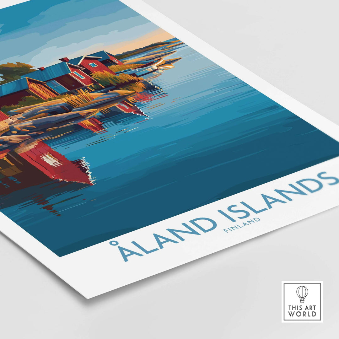 Åland Islands Art Print | Finland Archipelago Wall Decor Poster showcasing serene coastal scenery and vibrant red cabins.