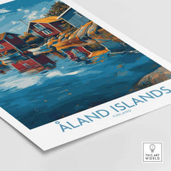 Åland Islands Finland Print | Nordic Coastal Village Poster depicting tranquil coastal homes and serene water.