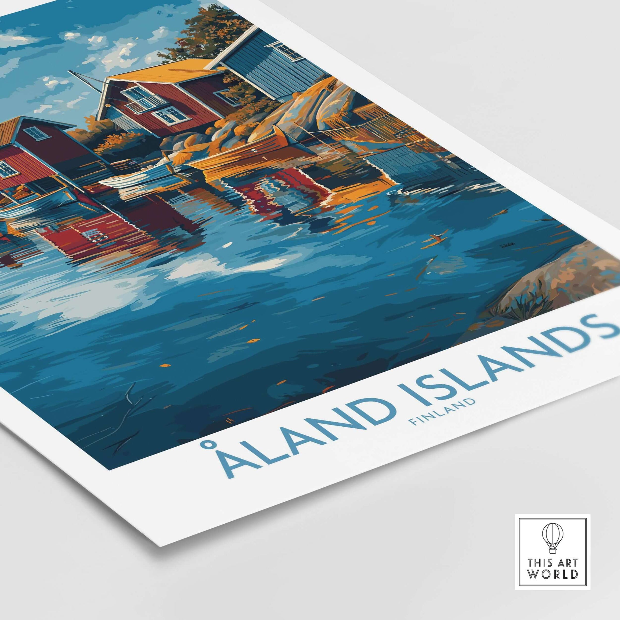 Åland Islands Finland Print | Nordic Coastal Village Poster depicting tranquil coastal homes and serene water.