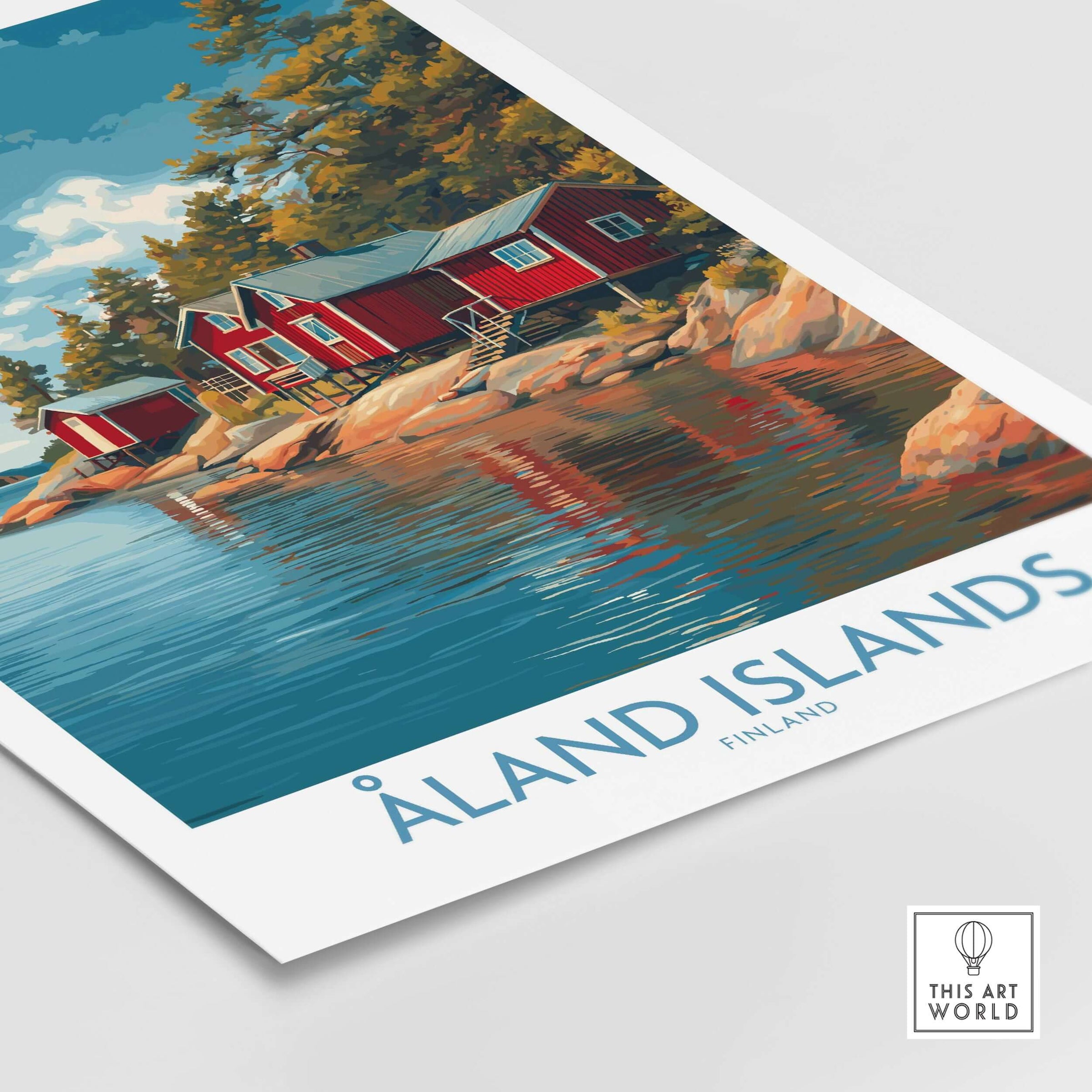 Åland Islands Lakeside Cabin Art Print | Finland Rustic Landscape Poster featuring a serene lakeside scene with cozy cabins.