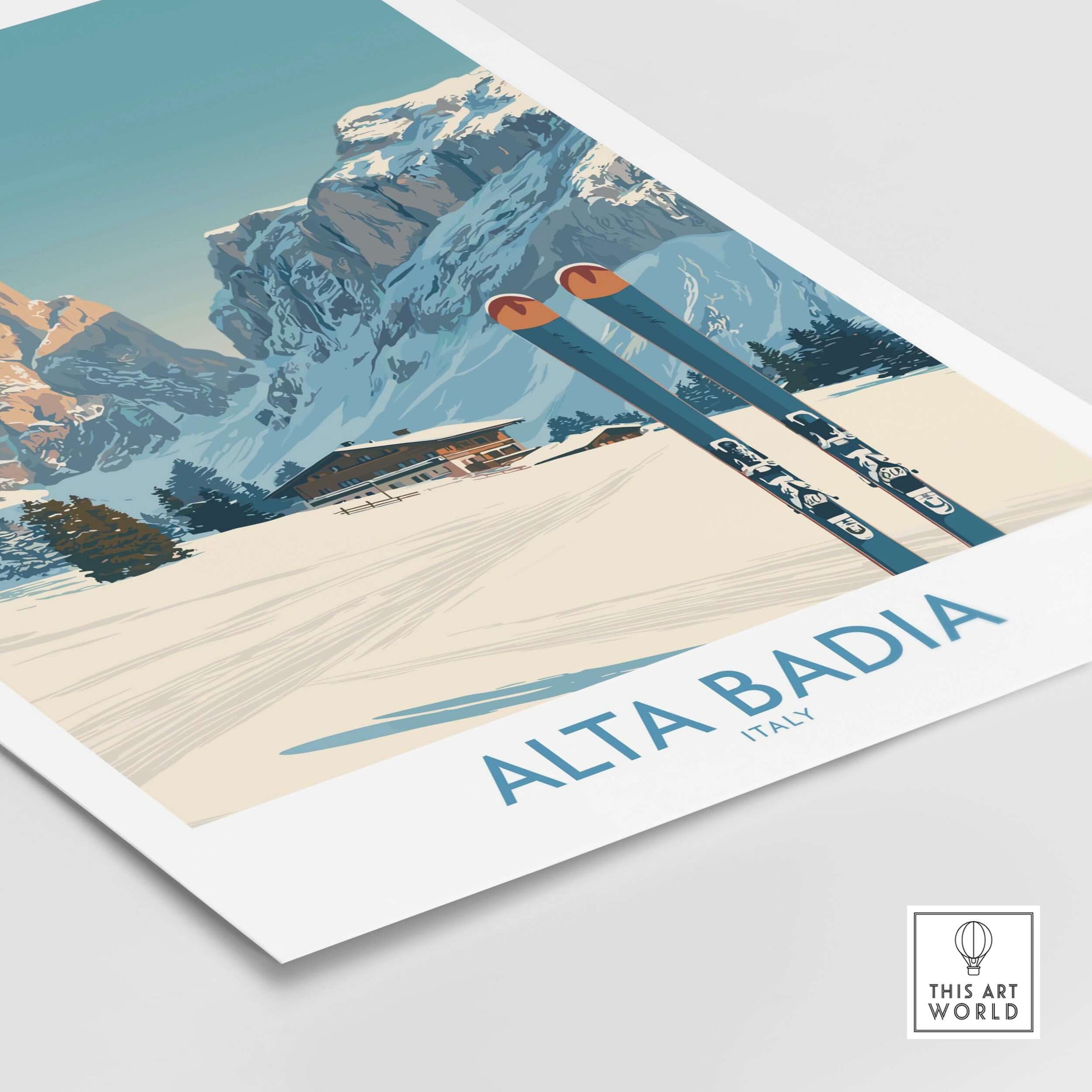 Alta Badia Italy ski wall art featuring stunning Italian Alps scenery and vintage ski poles.