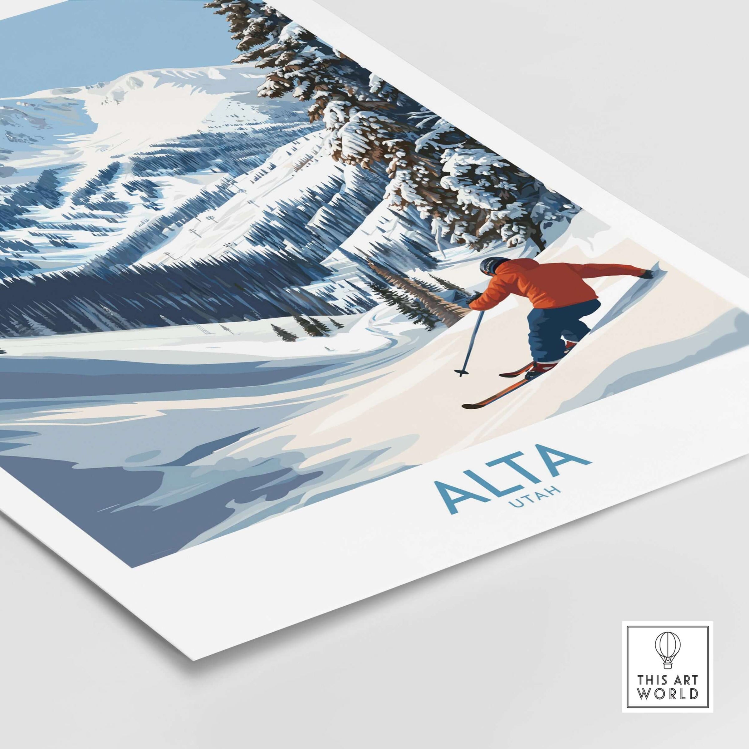 Alta Utah skiing adventure print showcasing winter landscapes in the Wasatch Mountains, perfect for ski lovers.