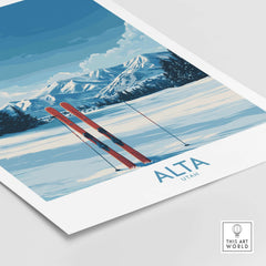 Alta Utah winter mountain landscape poster featuring skis on snowy terrain, perfect for skiing decor.