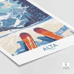 Alta Utah Ski Adventure poster showcasing skiis and snow-covered Wasatch Range, perfect for winter decor.
