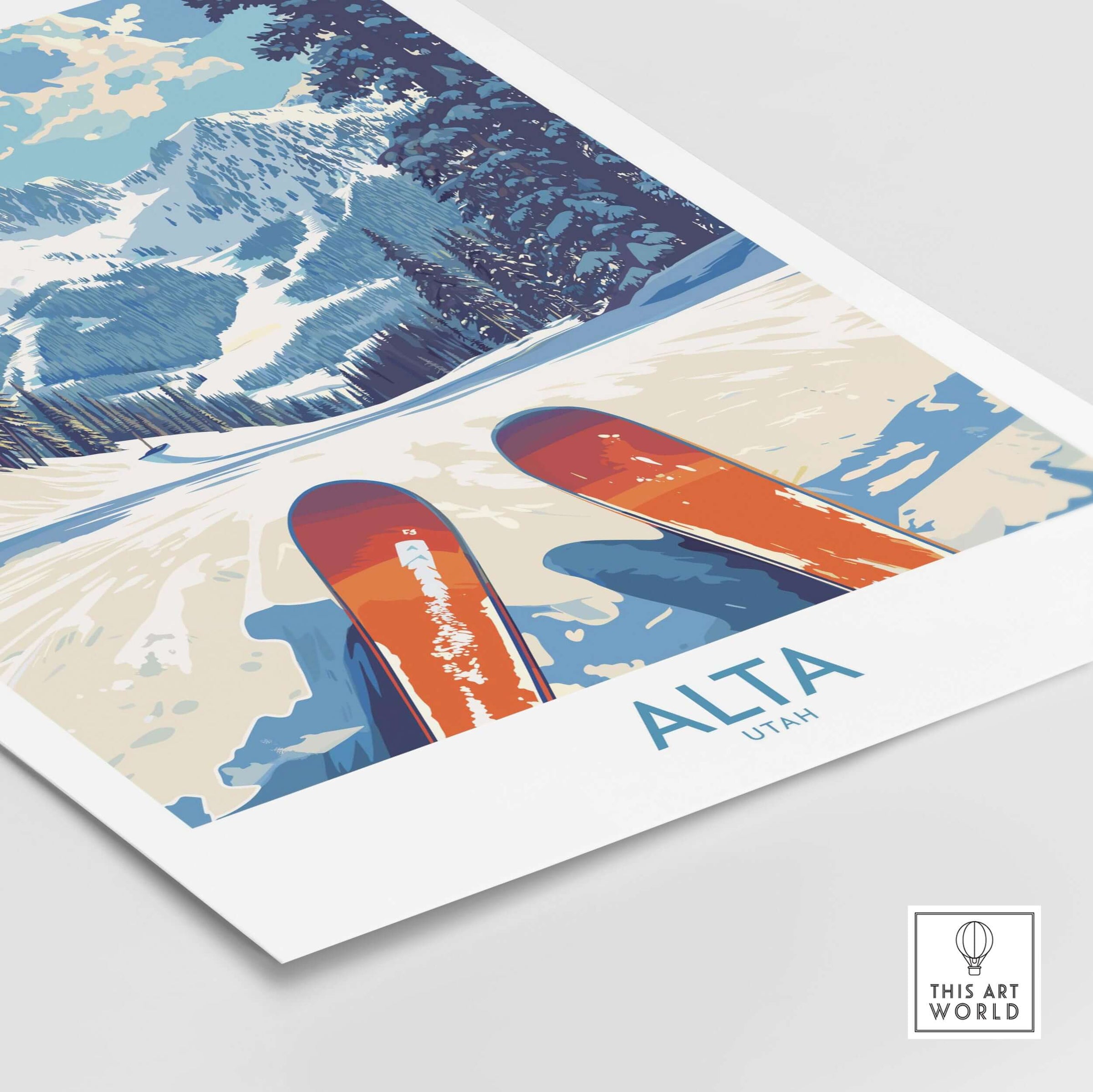 Alta Utah Ski Adventure poster showcasing skiis and snow-covered Wasatch Range, perfect for winter decor.