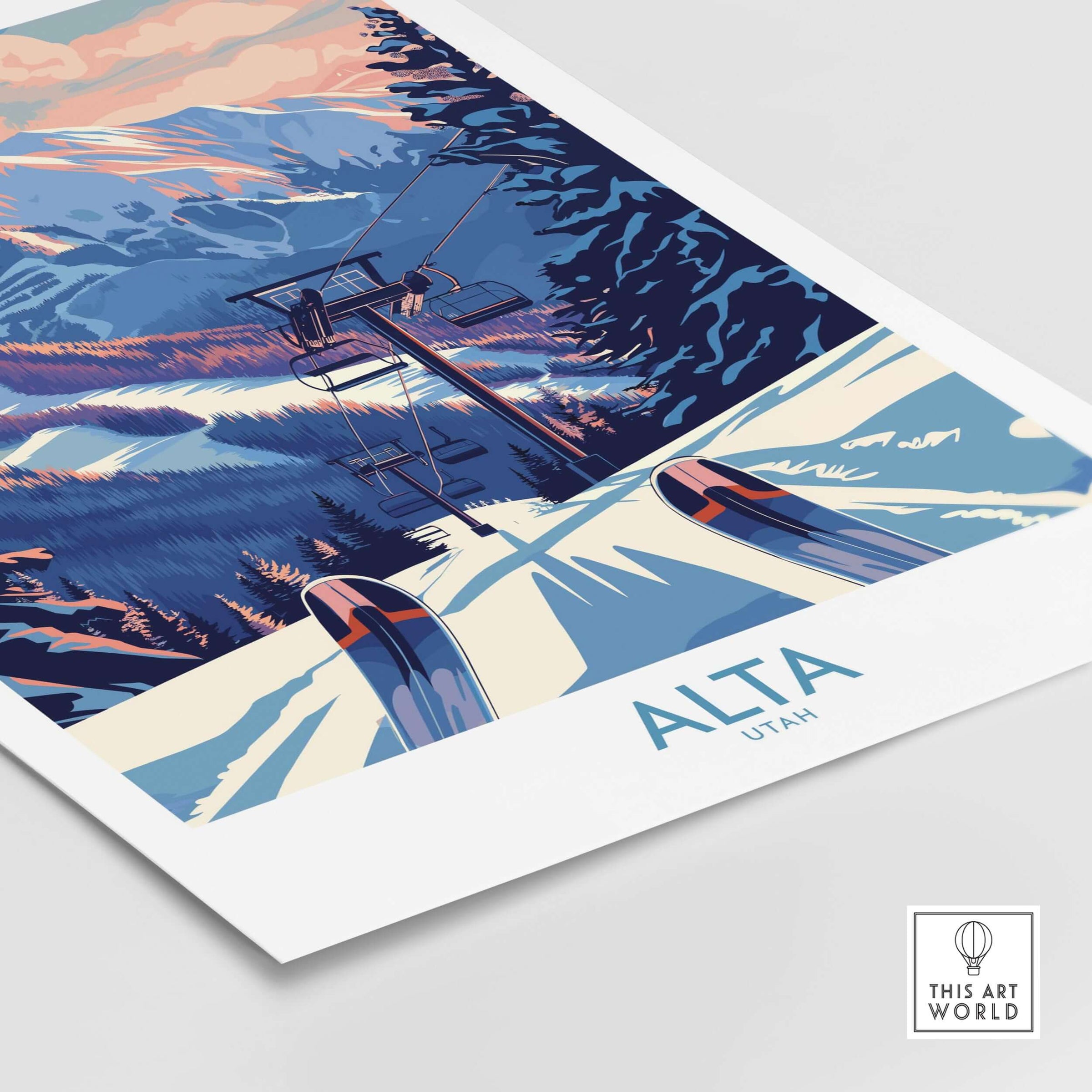 Alta Utah ski print featuring a chairlift over snowy mountains, perfect winter sports travel decor.