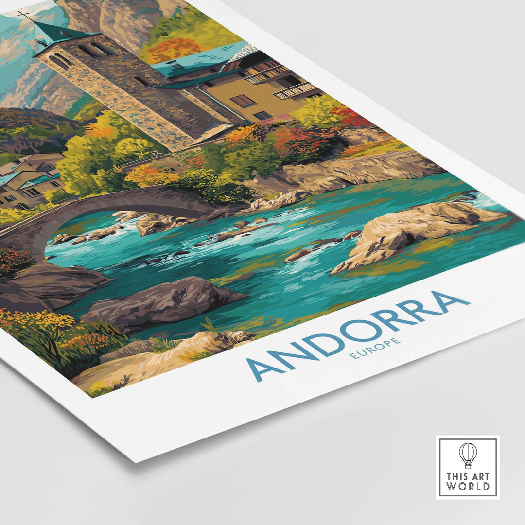 Andorra Art Print | Pyrenees Mountain Travel Poster featuring a picturesque scene of a bridge and river.