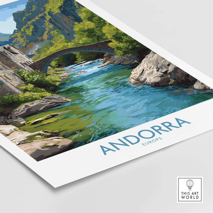 Andorra Old Town River Bridge Art Print | Pyrenees Architecture Poster showcasing a river scene with a bridge and mountains.