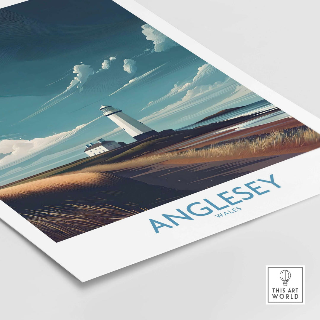 Anglesey Wales seascape poster featuring a lighthouse and coastal landscape, perfect for home decor.