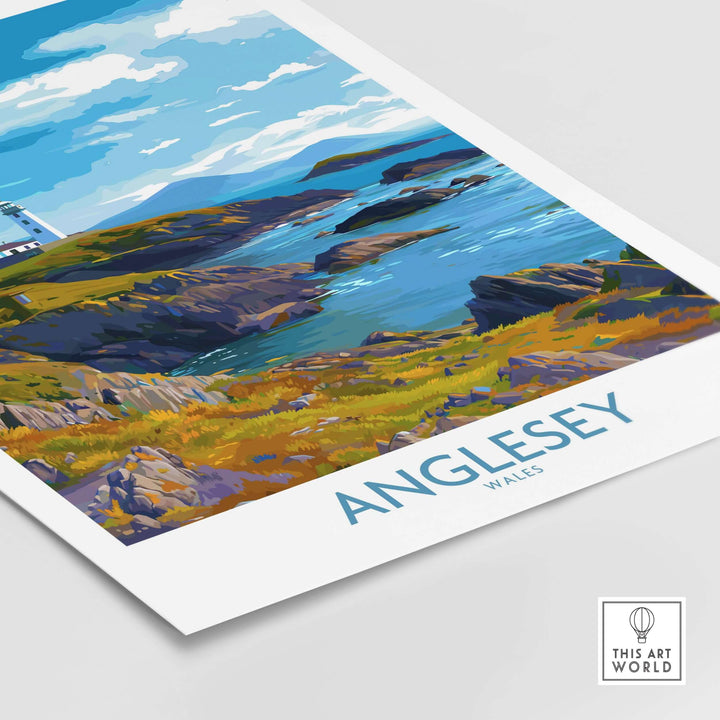 Anglesey Wales print featuring grassy cliffs and coastal scenery, perfect for travel decor and nature lovers.