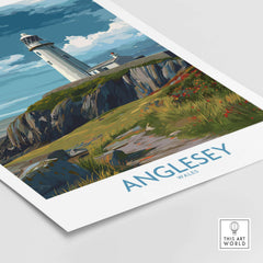 Anglesey Wales Scenic Seascape Poster - Welsh Lighthouse Decor showcasing a lighthouse on a cliff.