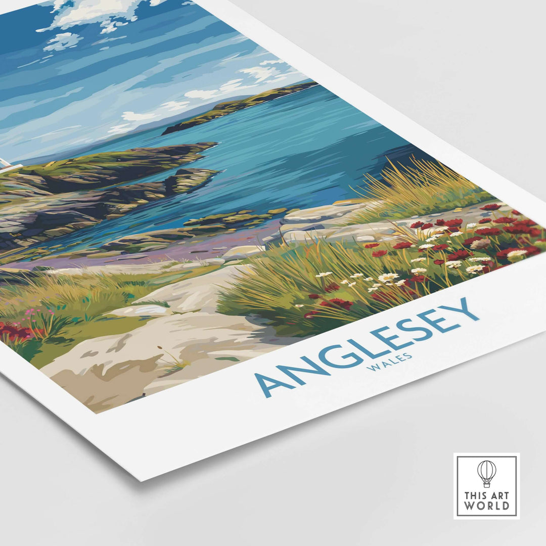 Anglesey Wales seaside print featuring coastal scenery and vibrant flowers, perfect for nature decor.