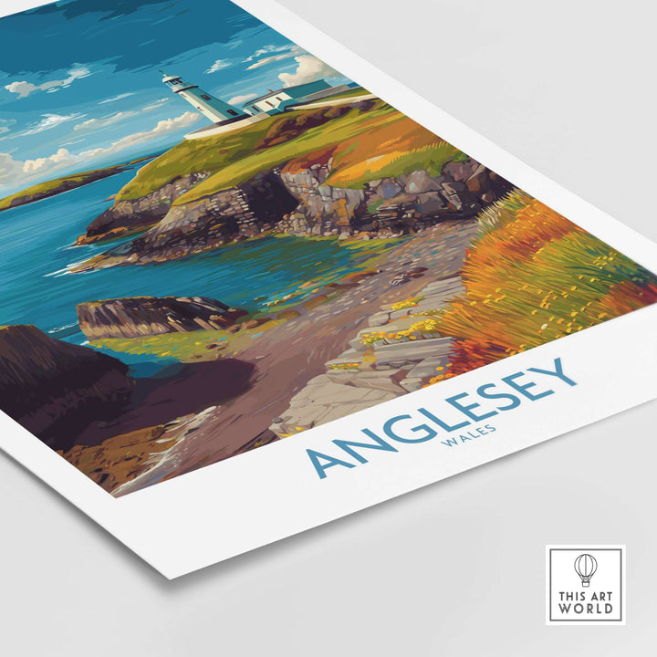 Anglesey Wales ocean view travel poster showcasing a vibrant seaside landscape with a lighthouse.