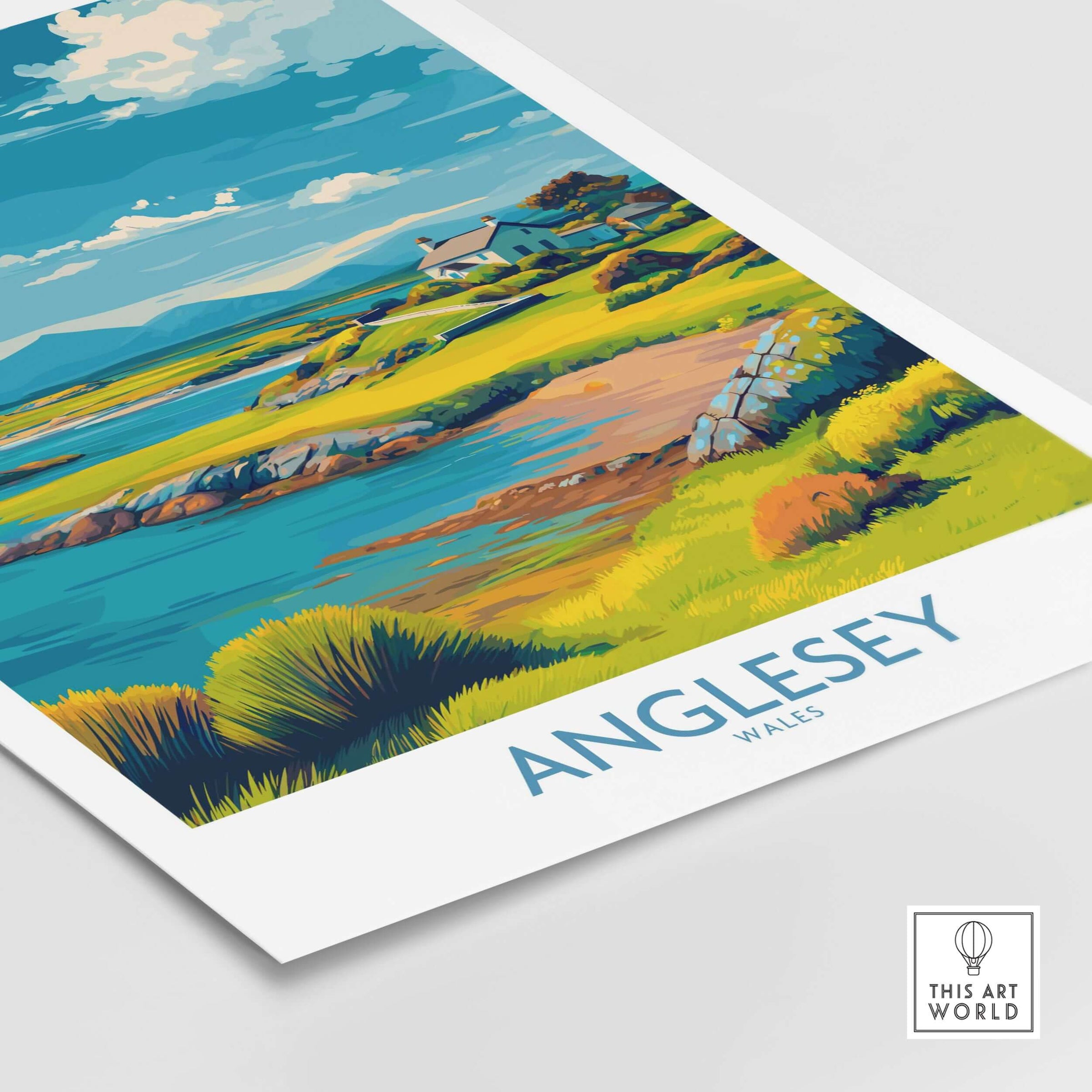 Anglesey Wales Tranquil Bay Poster - Welsh Countryside Travel Decor showcasing serene waters and lush landscapes.