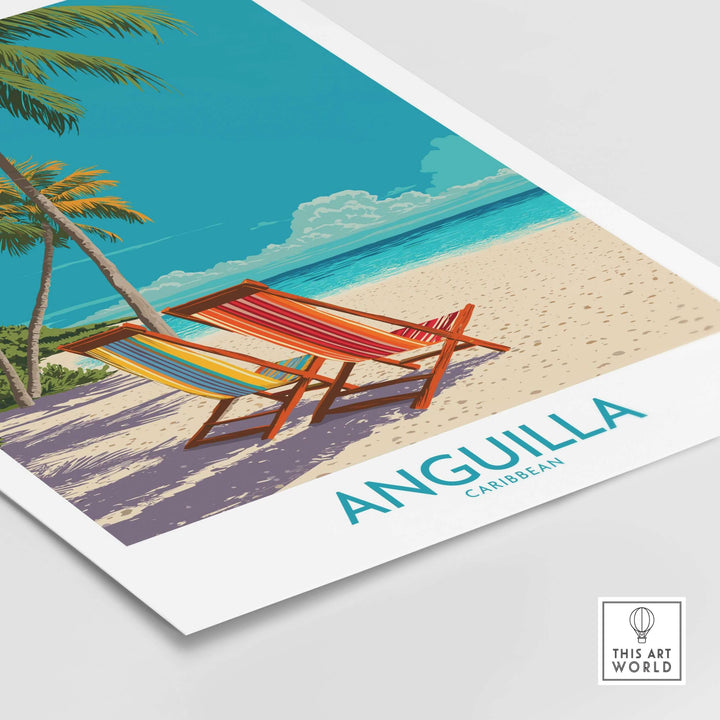 Anguilla Caribbean sunset poster showing colorful beach chairs on sandy shore with tropical palm trees.