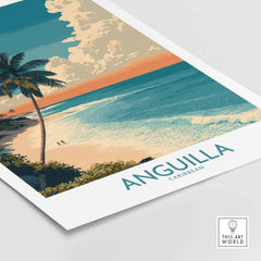 Anguilla Caribbean Poster - Caribbean Travel Print showcasing a tropical beach scene with palm trees and ocean waves.