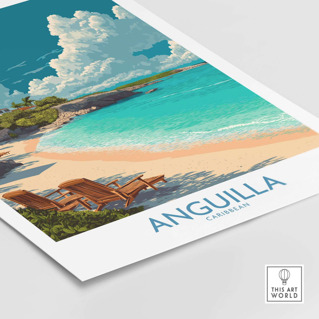 Anguilla print featuring serene Caribbean beach with turquoise waters and lounge chairs, ideal for tropical home décor.