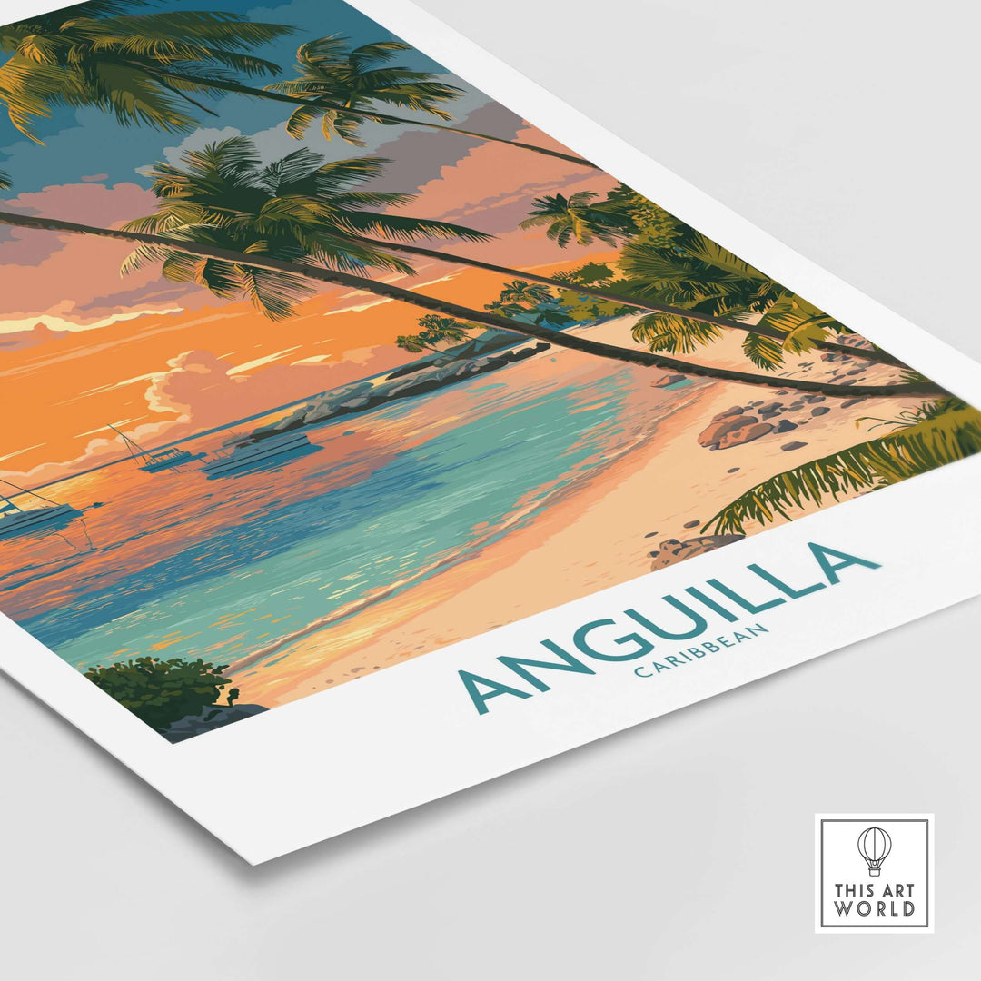 Anguilla Caribbean print showcasing a vibrant seascape with palm trees and sunset hues, perfect tropical wall art.