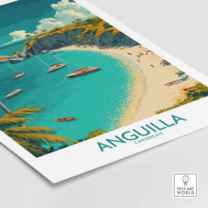 Anguilla Caribbean beach poster featuring a serene bay with boats and lush greenery, perfect for tropical home decor.