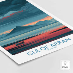 Isle of Arran Poster Scotland Coastal Seascape - Isle of Arran Travel Print showcasing vibrant landscape and boat.
