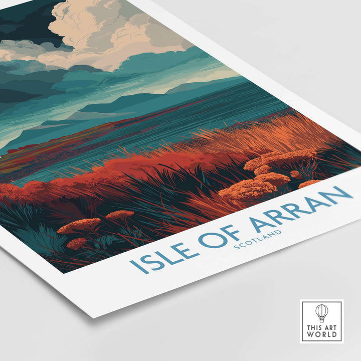 Isle of Arran poster featuring a stormy sky landscape and vibrant foreground flora, showcasing Scotland's rugged beauty.