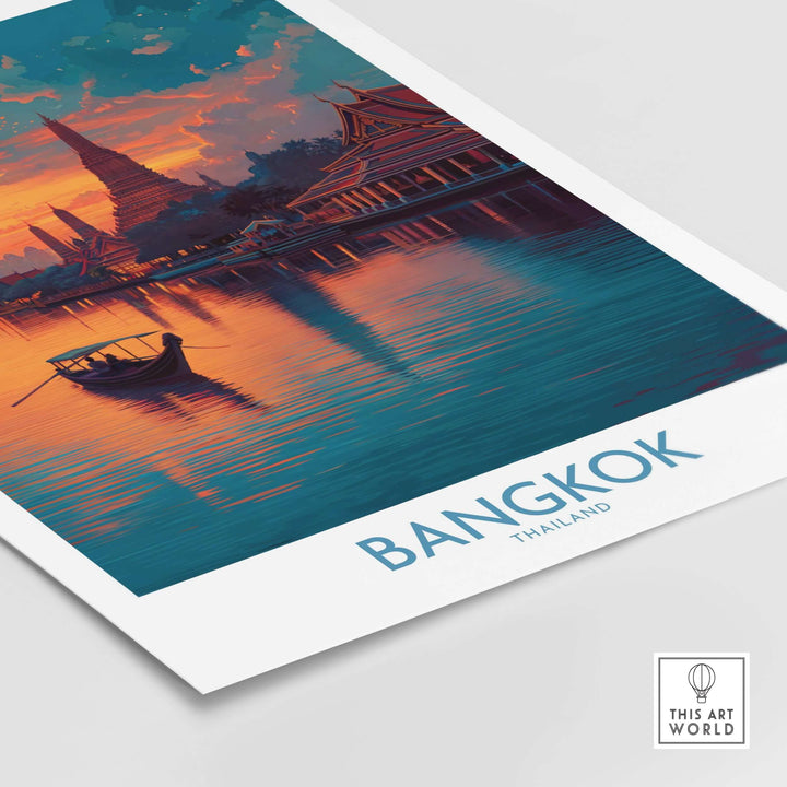 Bangkok riverboat poster at dusk, showcasing Thai landmarks and vibrant evening colors.