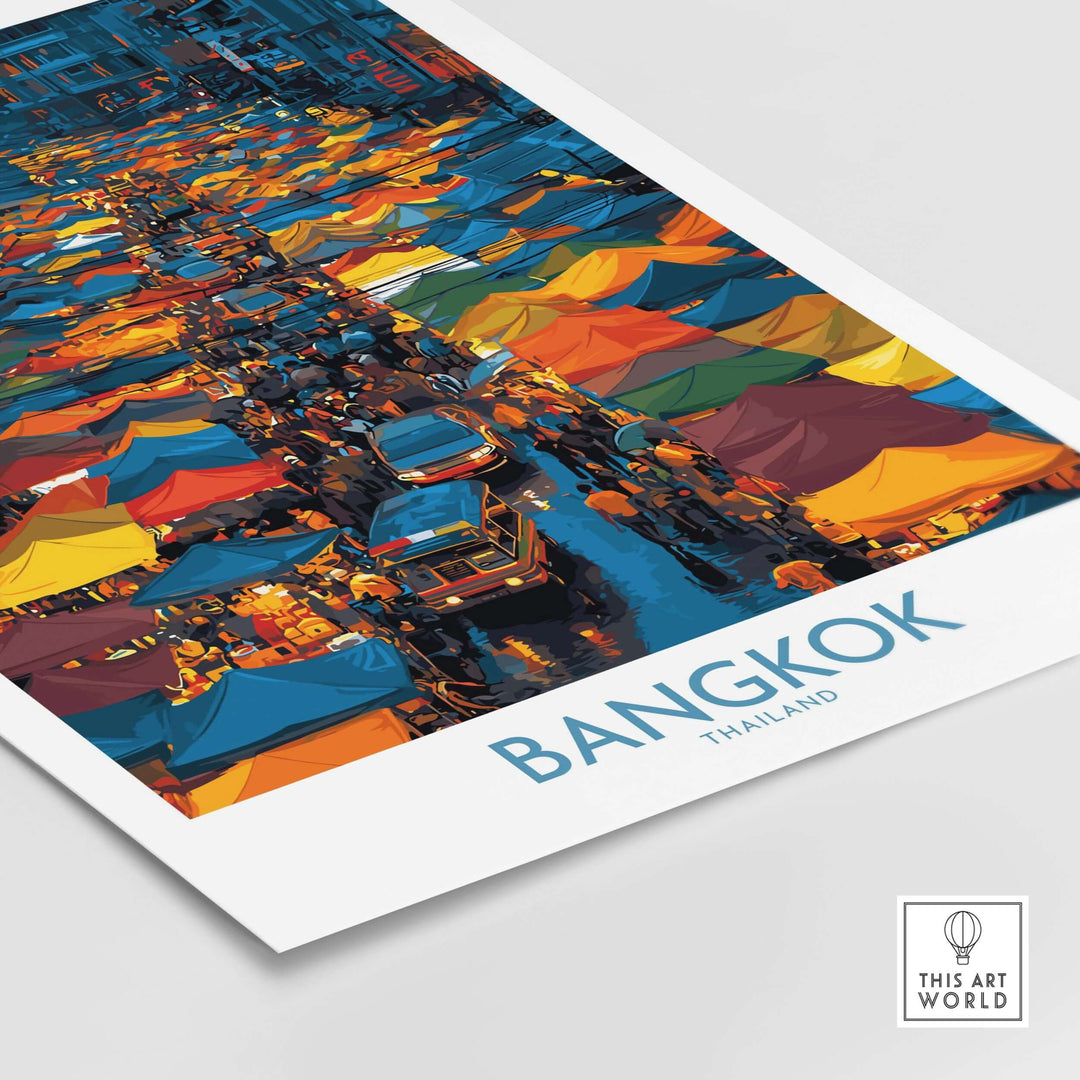 Vibrant Bangkok market scene wall art featuring colorful vendor tents and bustling activity.