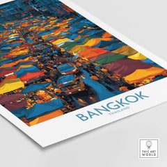 Bangkok Thailand Market Vendors Wall Art - Cultural Travel Print vibrant market scene with colorful tents and busy vendors.