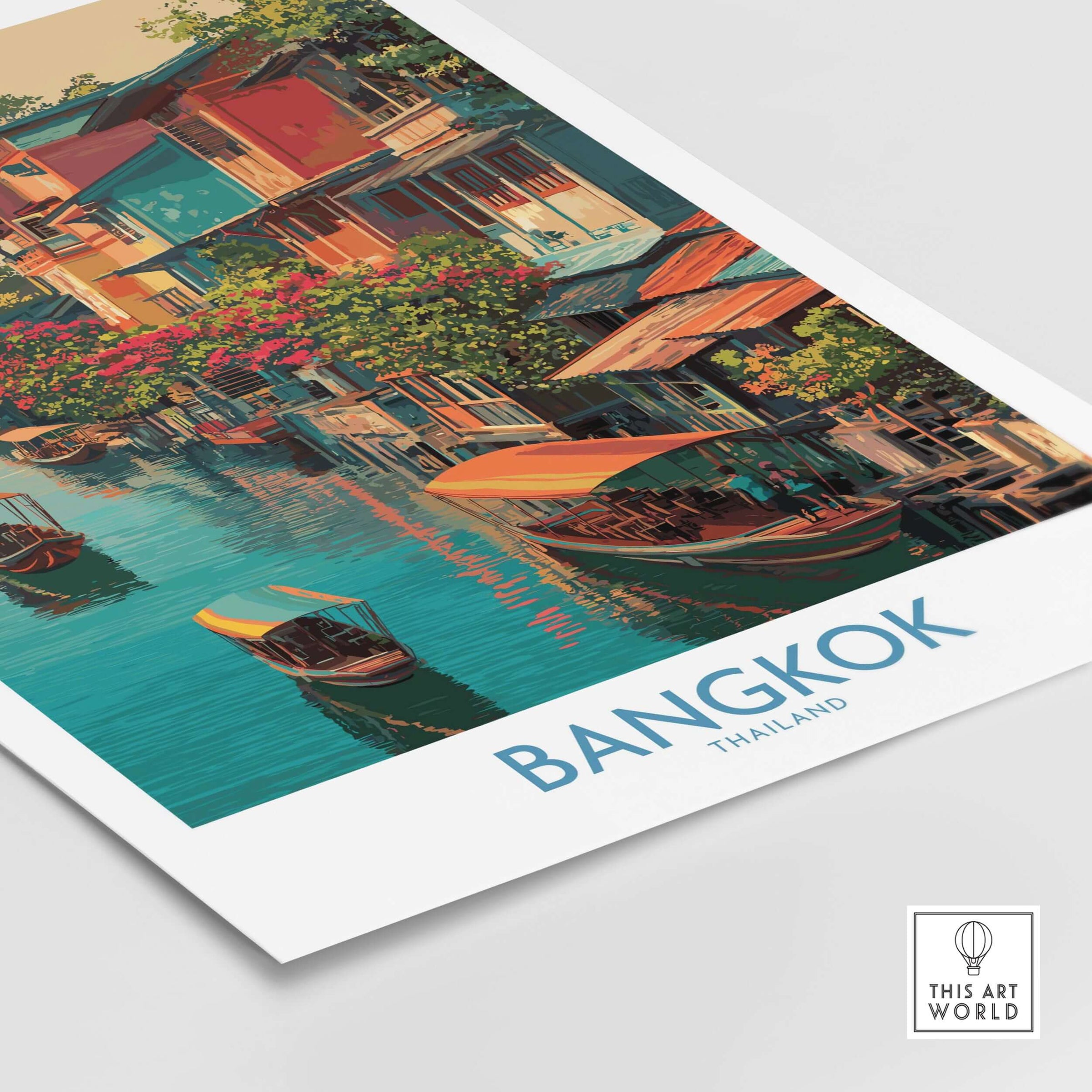 Bangkok Thailand Poster - Floating Market Travel Print showcasing vibrant boats and colorful buildings in a serene waterway.