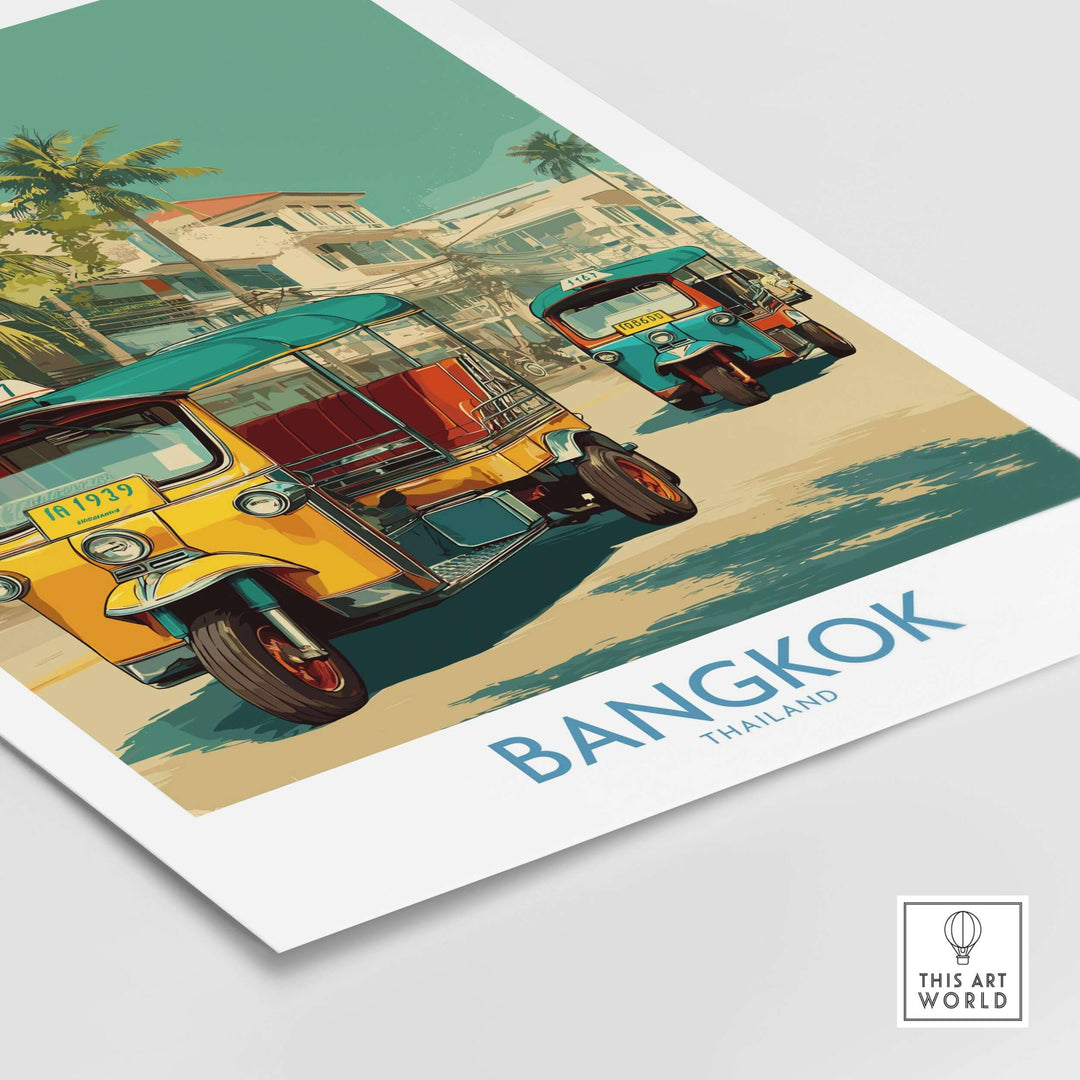 Bangkok tuk tuk print featuring vibrant colors and street scene, perfect for Thai culture decor.