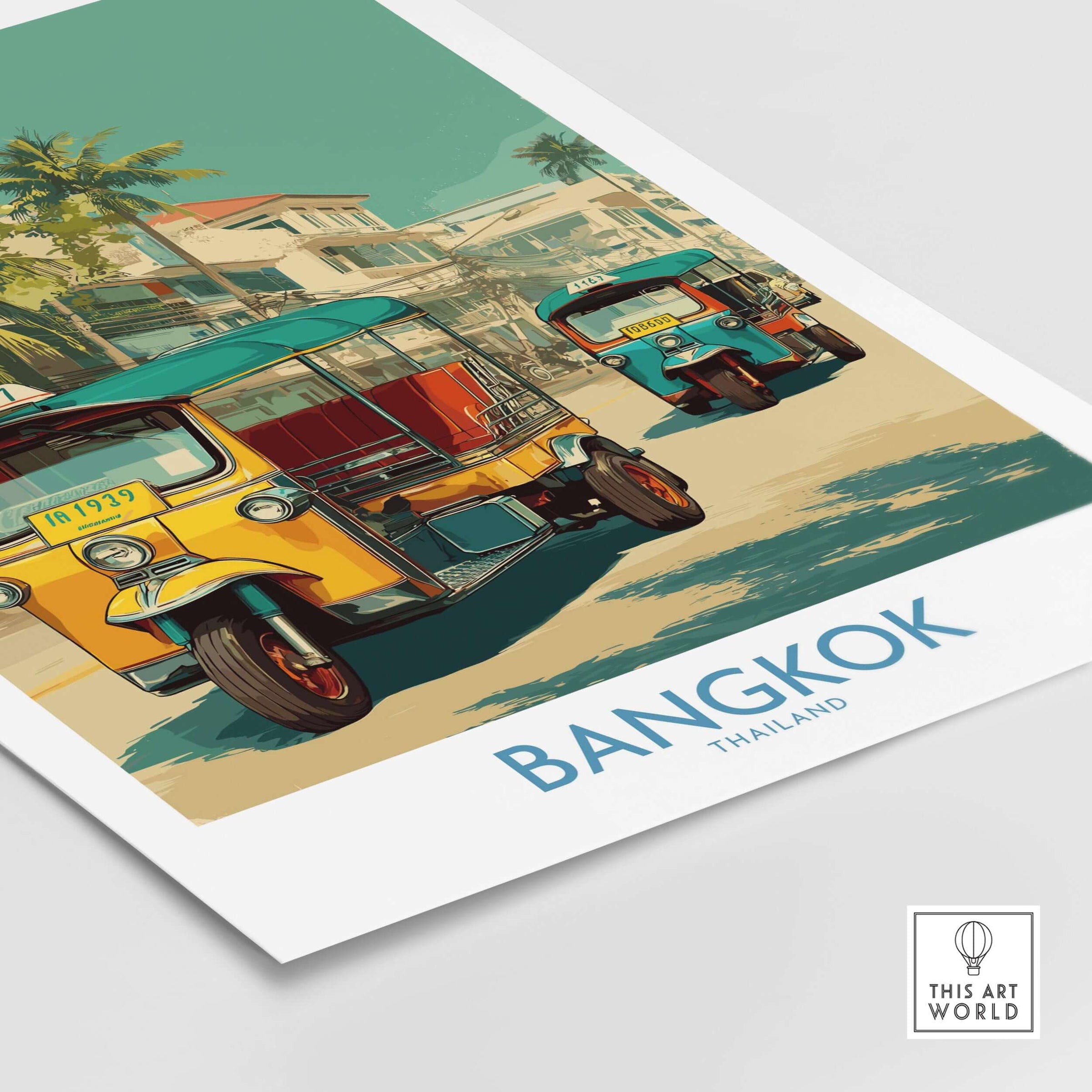 Bangkok Thailand Iconic Tuk Tuks Print - Vibrant Thai Travel Poster showcasing colorful tuk tuks on city streets.
