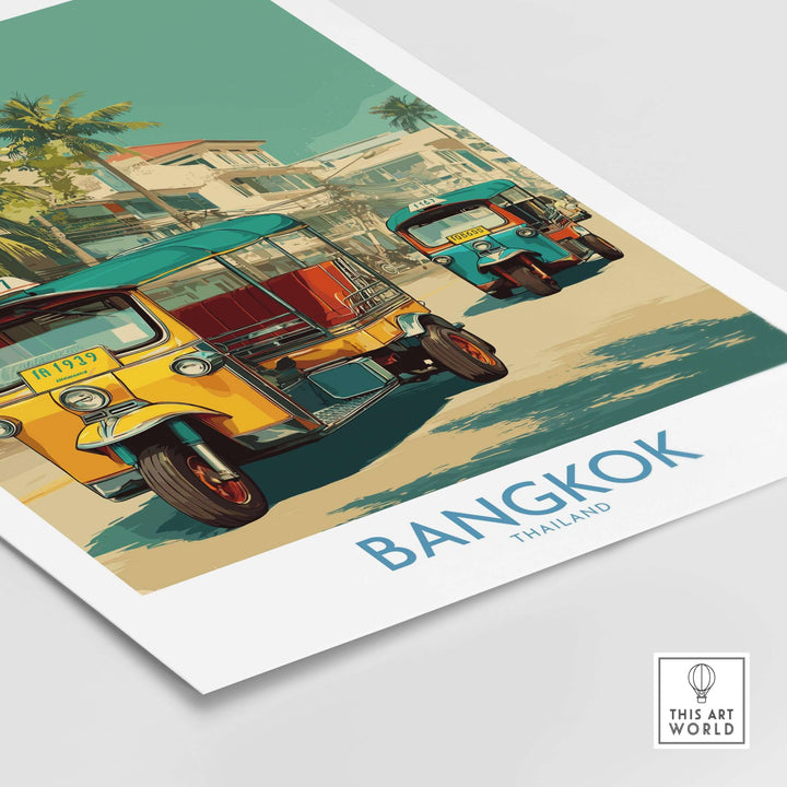 Bangkok tuk tuk print featuring vibrant colors and street scene, perfect for Thai culture decor.