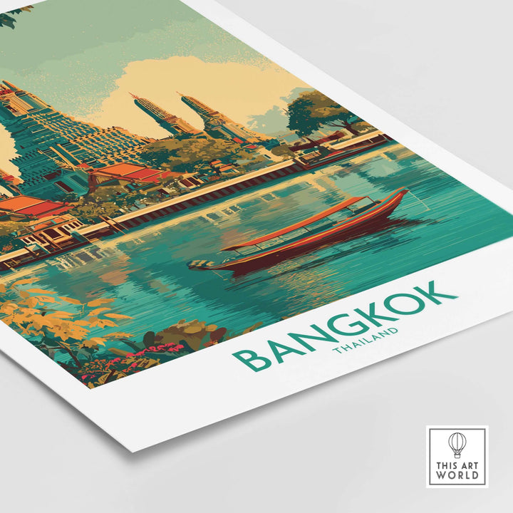 Bangkok wall art poster showcasing iconic Thai architecture and serene river scene, perfect for travel enthusiasts.