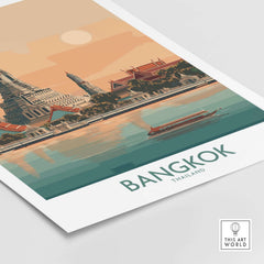 Bangkok Poster Thailand Temple of Dawn - Historic Thai Landmark Print featuring serene river view and traditional architecture.