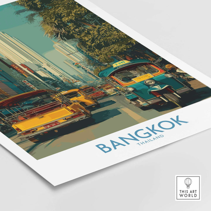Bangkok wall art featuring vibrant street life and iconic tuk tuk, perfect for urban home or office decor.