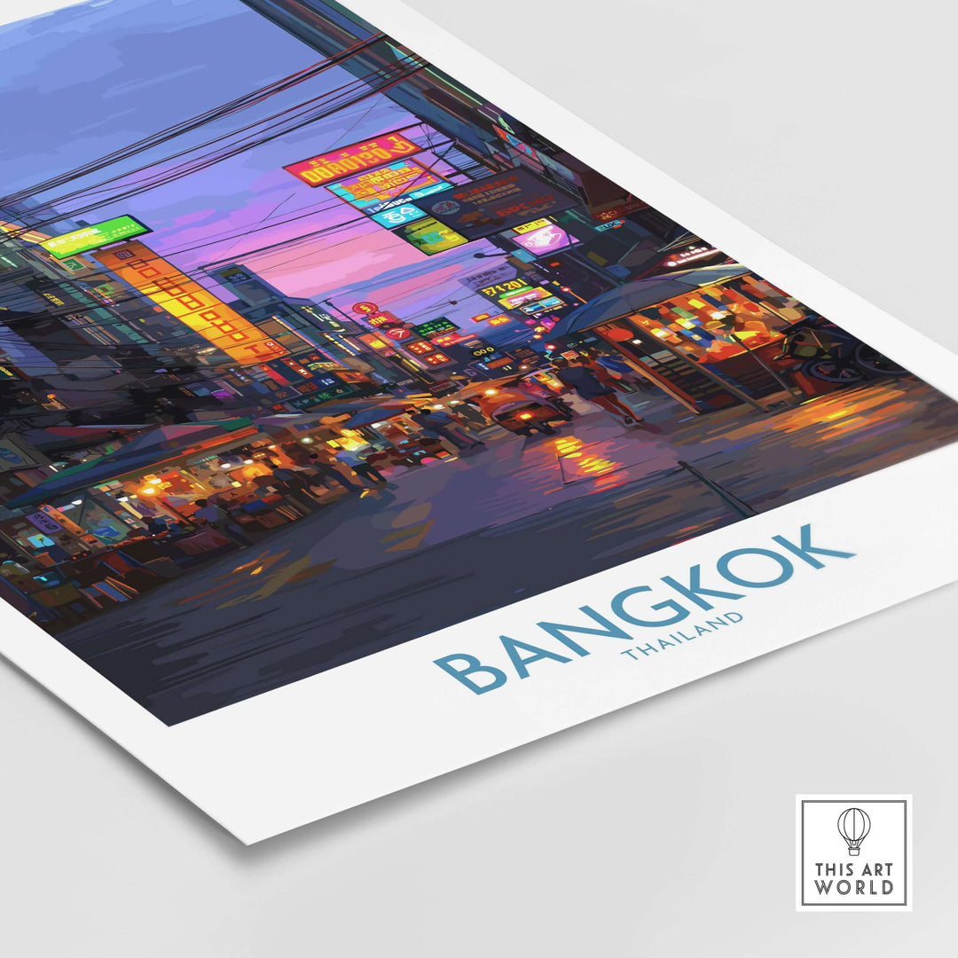 Colorful neon lights of Bangkok captured in vibrant wall art, showcasing the city's dynamic nightlife and urban energy.