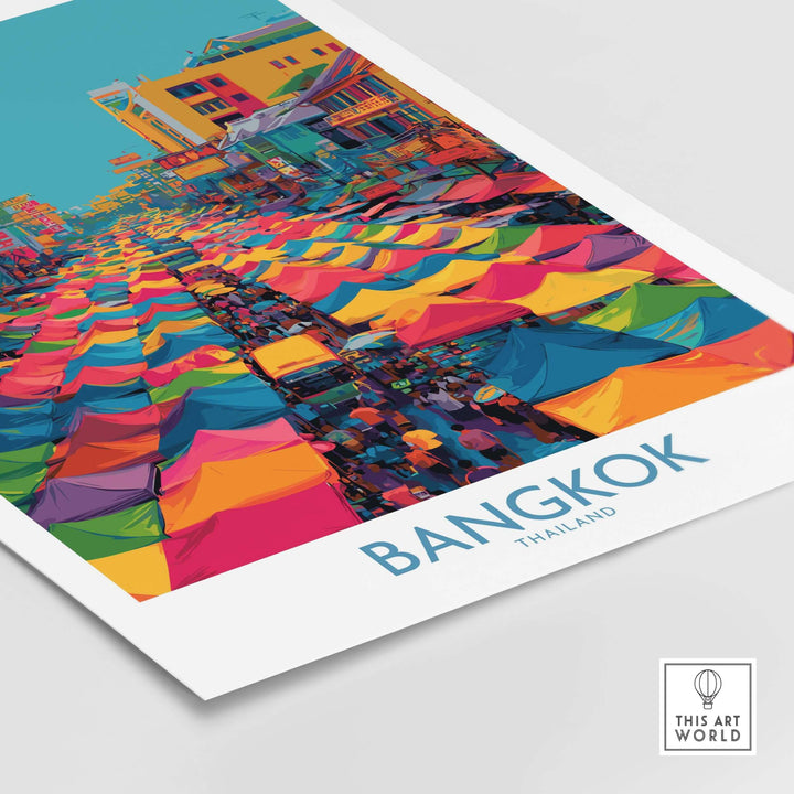 Colorful Bangkok Thailand wall art poster showcasing vibrant Thai market scene with lively atmosphere and bustling stalls.