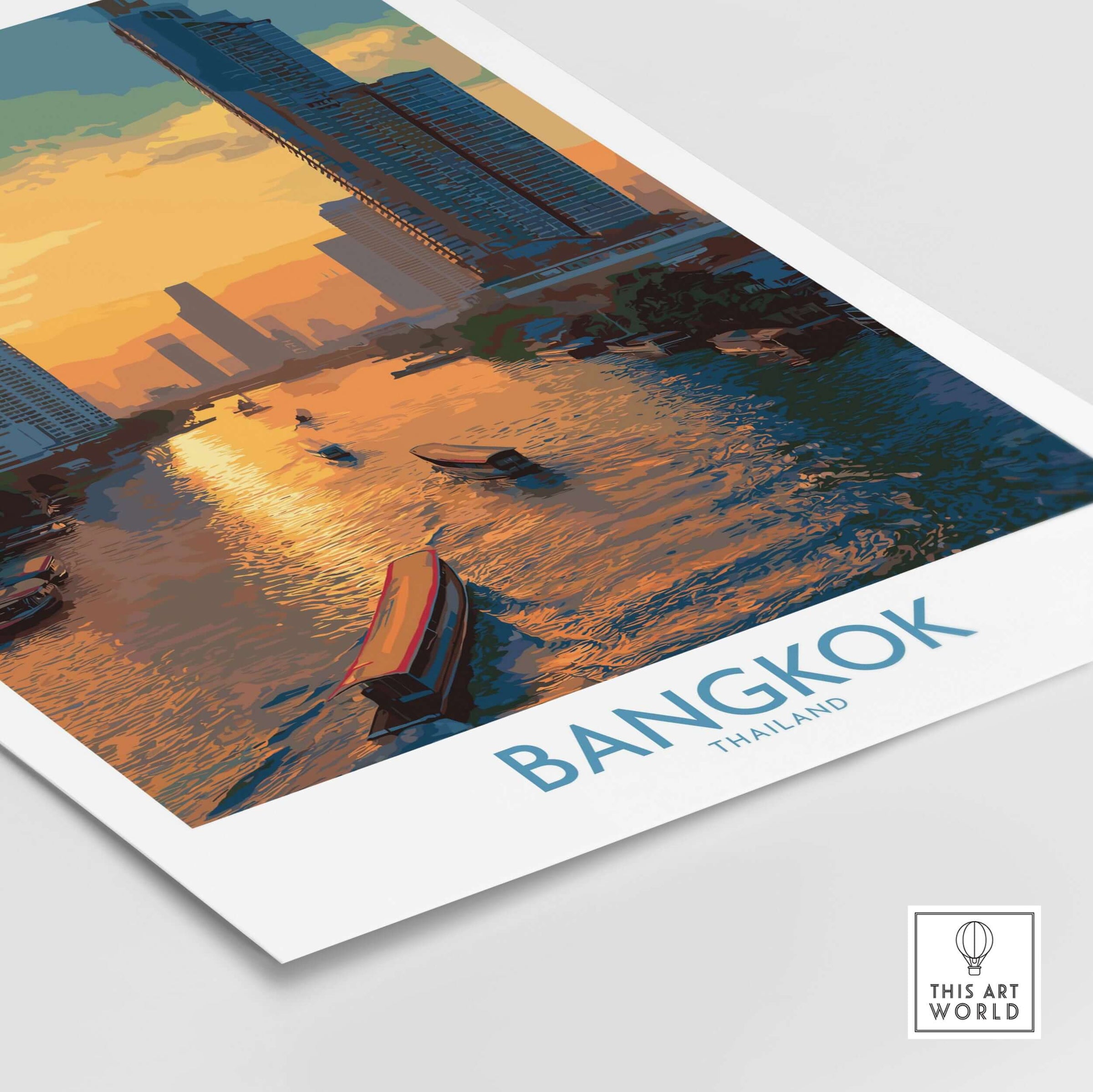 Bangkok Thailand Urban Waterfront Wall Art - Bangkok Cityscape Decor showcasing serene river views and modern architecture.